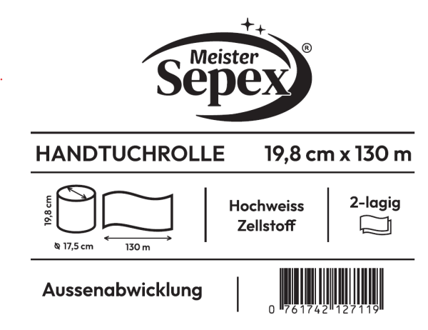 MEISTER SEPEX Rollenhandtuch 2 lagig Zellstoff 19,8 cm 6 Rollen a 130m