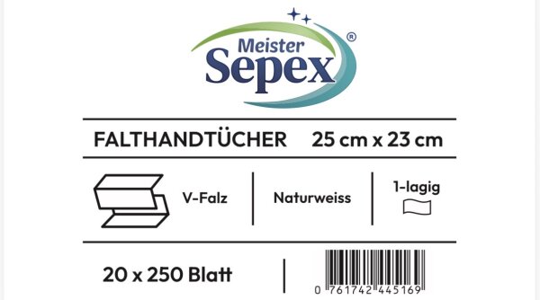 MEISTER SEPEX Falthandtücher V-Falz 1 lagig Naturweiß 25 x 23cm 5000 Tücher Recycling Krepp