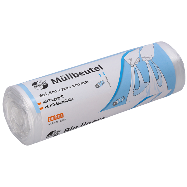 DEISS UNIVERSAL PLUS® 49801 Müllbeutel mit Tragegriff 60 Liter transparent (600x720200mm) klimaneutral